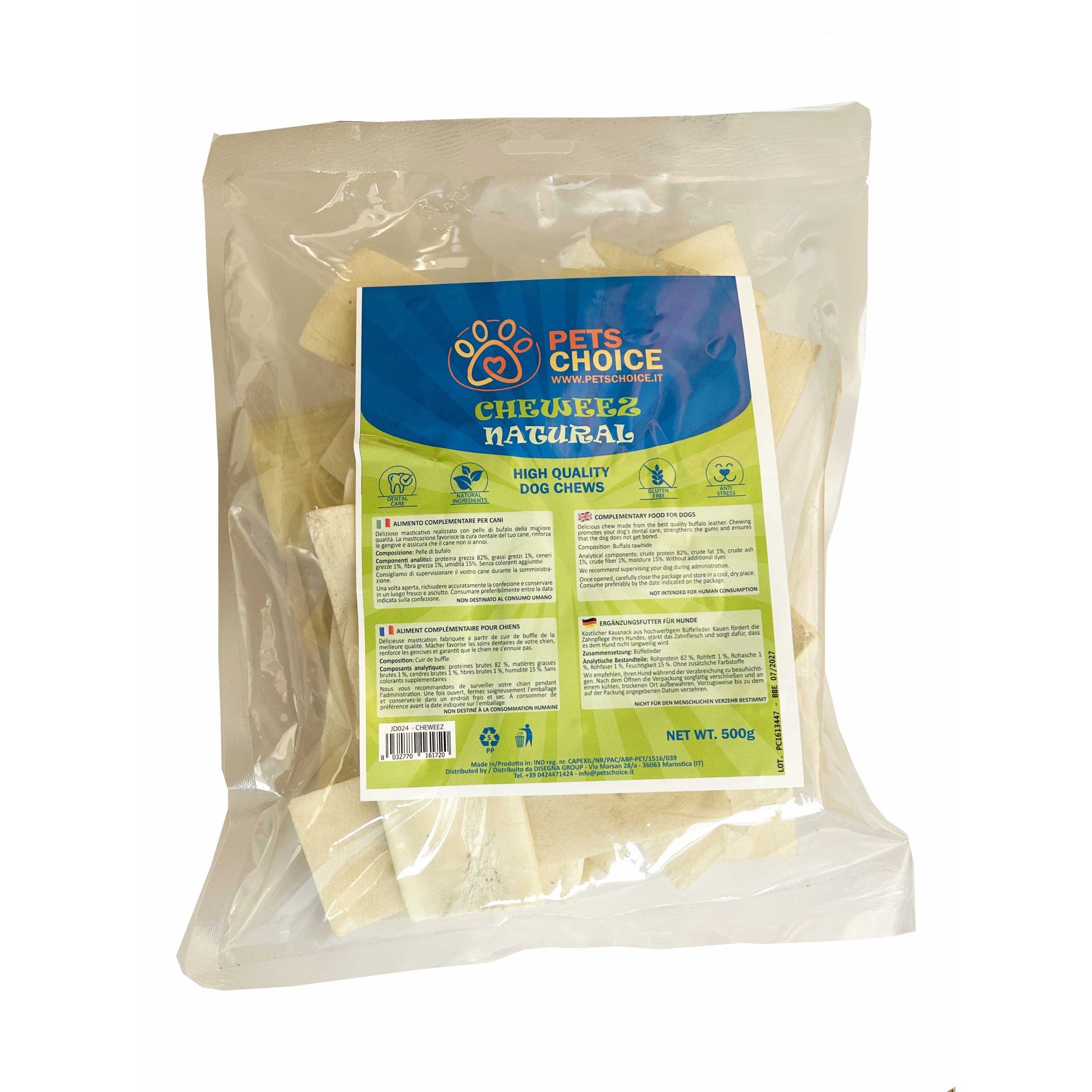 PetsChoice Cheweez Striscie di pelle di bufalo naturale 500g.